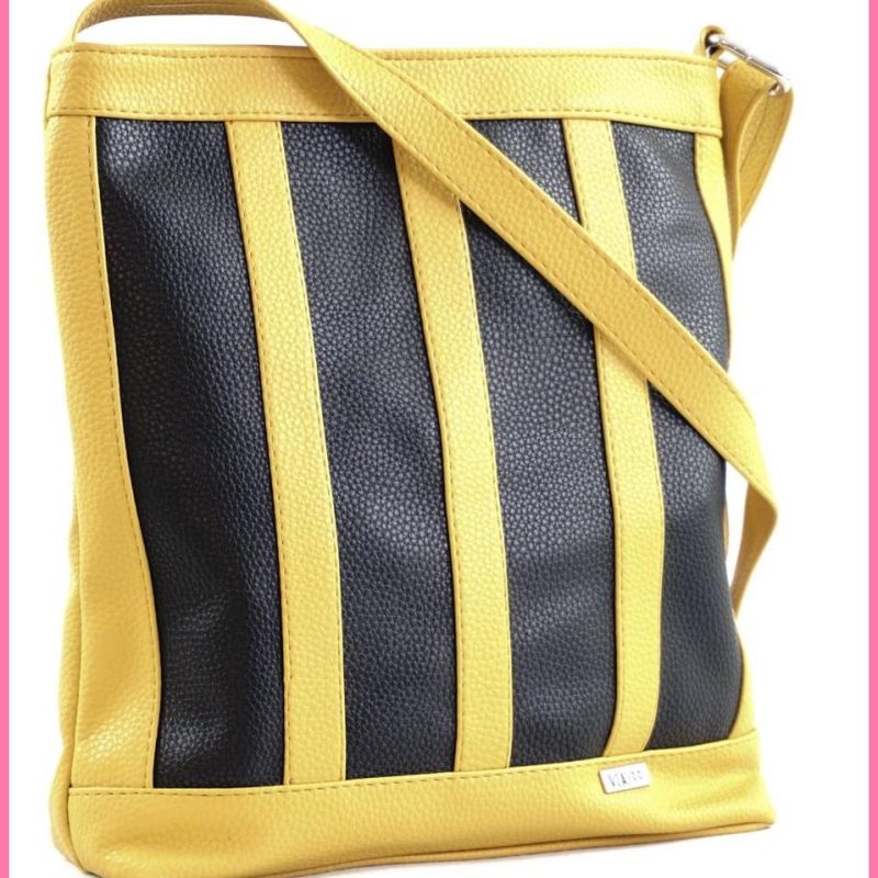 VIA55 női keresztpántos táska függőleges csíkokkal, rostbőr, sárga shoppertaska-hu b