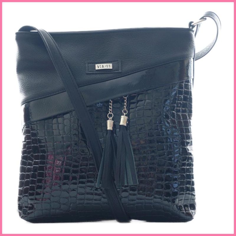 VIA55 női keresztpántos táska ferde zsebbel, rostbőr, fekete shoppertaska.hu a