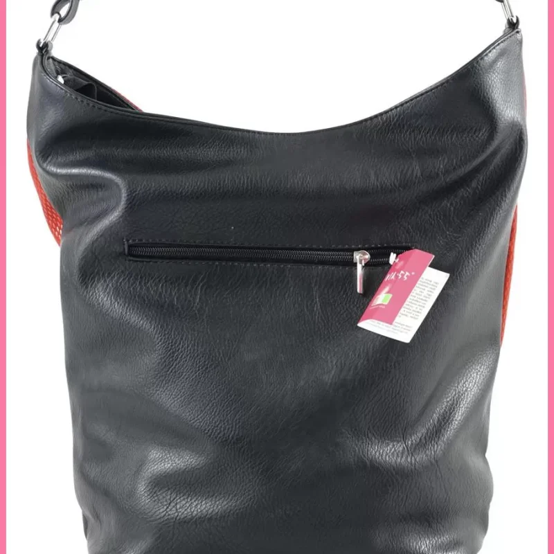 VIA55 válltáska, elején rizsszem mintás velúr anyagú, fekete-piros shoppertaska-hu 3